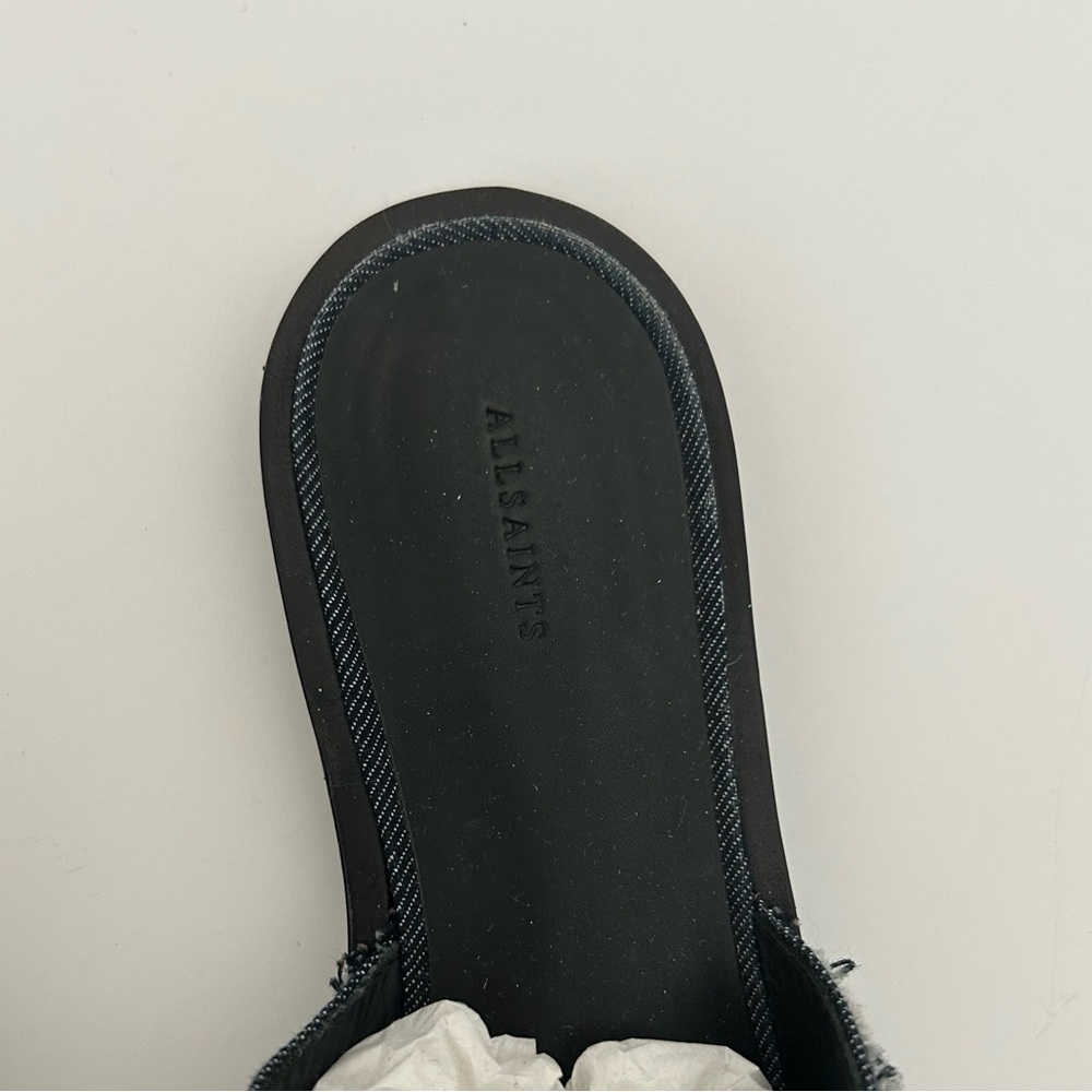 AllSaints Flats Rumour Dark Denim Bow Slip On Mules Shoes Sandals Size 37 - Picture 4 of 9
